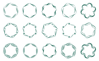 A set of fifteen decorative frames with wavy lines, dots, snowflakes and stars. Round borders of decorative elements. Vector circle pattern. Designer decorations for holiday cards and invitations. 