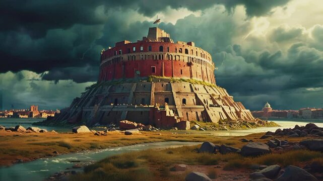 An ancient building tower of babel, 4K seamless looping virtual video animation background