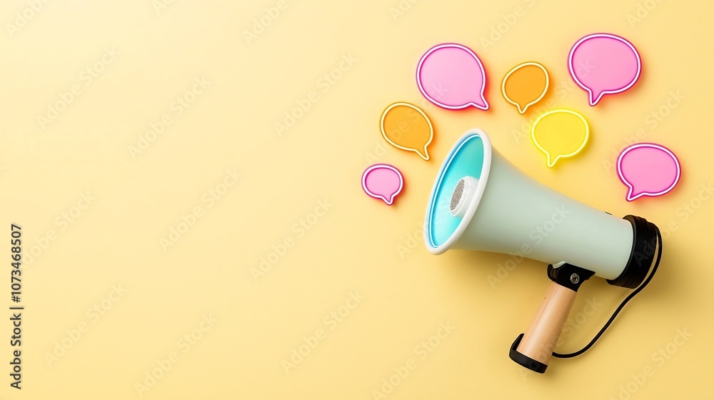 Poster vibrant neon megaphone emitting colorful speech bubbles against a soft yellow background symbolizing