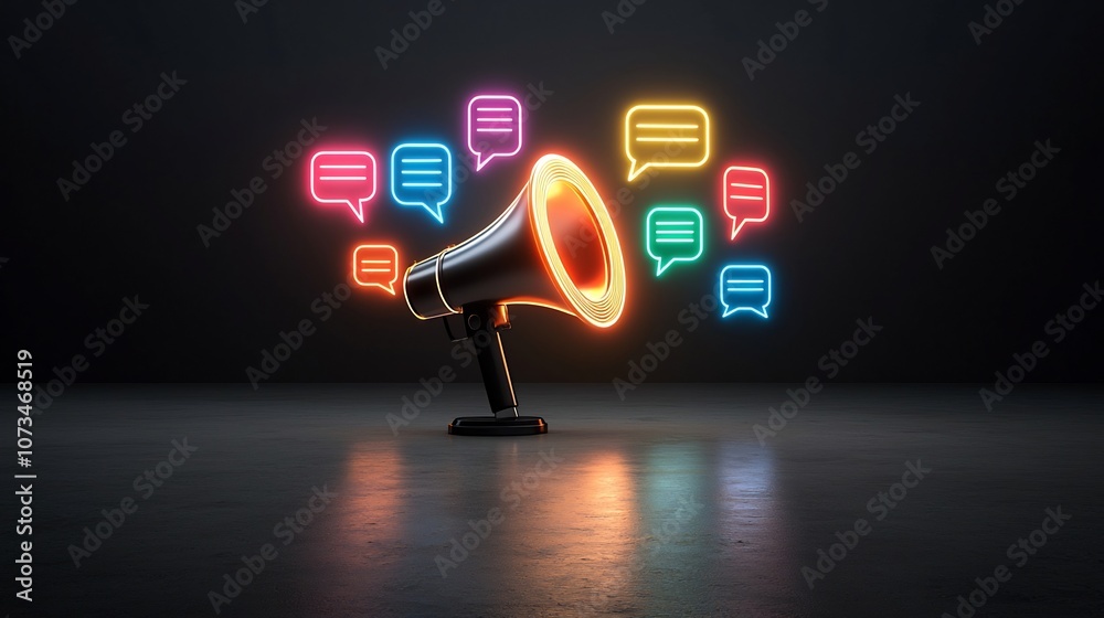 Fototapete vibrant megaphone with glowing colorful speech bubbles on a sleek black background symbolizing the s