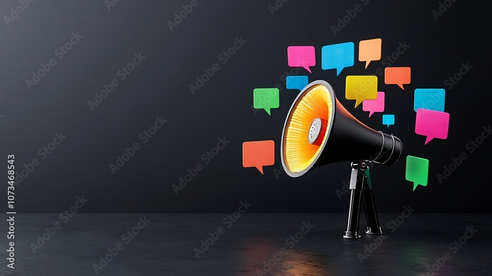 Leinwandbilder sleek megaphone in the center with glowing colorful speech bubbles on a solid black background symbo