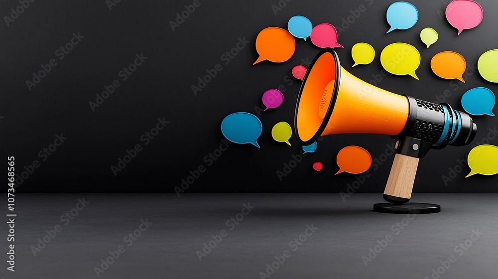 Aufkleber sleek modern megaphone with glowing colorful speech bubbles on a solid black background symbolizing 