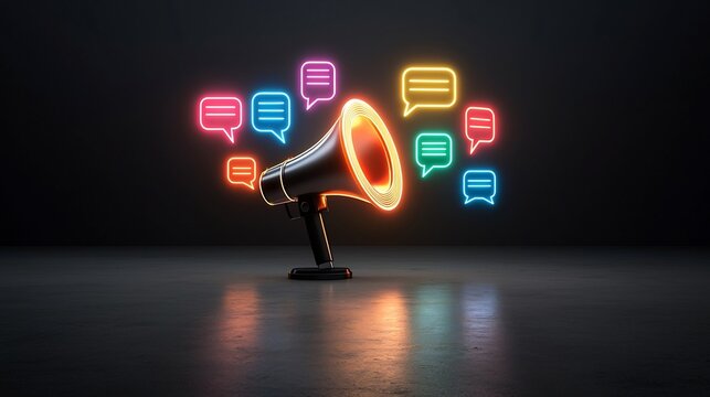 Vibrant megaphone with glowing colorful speech bubbles on a sleek black background symbolizing the strength and power of expression communication and the ability to amplify one s voice and message