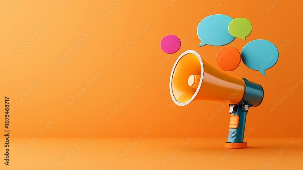 Leinwandbilder powerful megaphone with radiant speech bubbles floating on a solid orange background symbolizing the