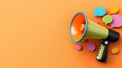 Powerful megaphone with radiant speech bubbles in vibrant colors floating on a solid orange background symbolizing bold and impactful communication