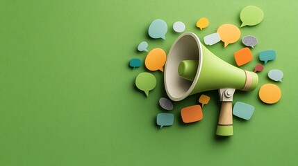 Vibrant and dynamic 3D megaphone surrounded by a burst of colorful speech bubbles on a vibrant green background representing impactful and powerful messaging for digital communication marketing