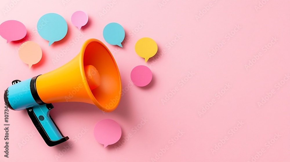 Poster Sleek modern megaphone device with floating pastel colored speech bubbles set against a solid pink background representing clear vibrant and effective communication marketing or presentation