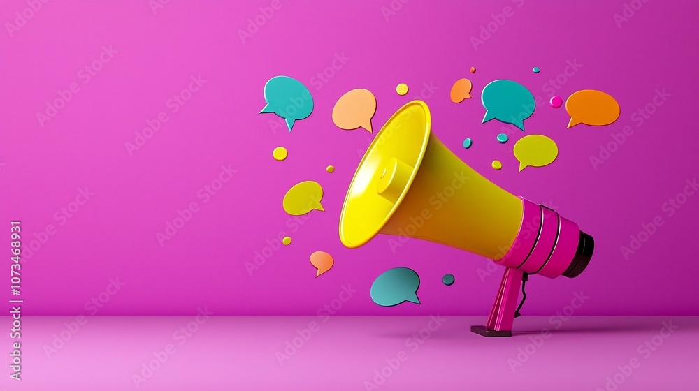 Aufkleber Dynamic megaphone icon with vibrant colorful speech bubbles swirling around it set against a rich purple background symbolizing the power of effective communication promotion and outreach