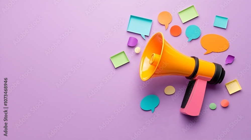 Aufkleber vibrant and dynamic megaphone with swirling speech bubbles on a rich purple background symbolizing t