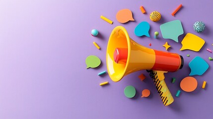 A dynamic megaphone with vibrant speech bubbles swirling around it on a rich purple background representing the power of effective communication and amplification of messages