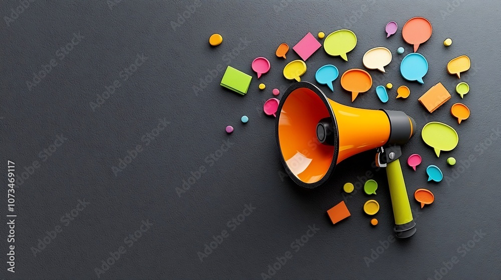 Aufkleber powerful megaphone emitting vibrant dynamic speech bubbles on a dark gray background symbolizing imp