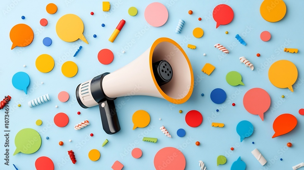 Aufkleber Energetic Communication   Vibrant 3D megaphone surrounded by a lively assortment of colorful speech bubbles on a soft blue background symbolizing dynamic digital messaging and promotion
