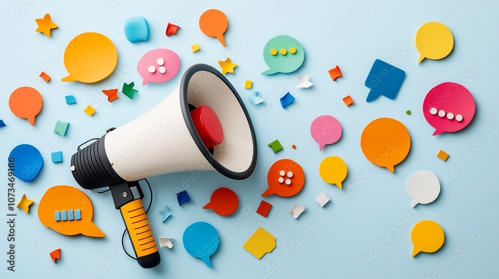 Aufkleber Energetic and dynamic 3D megaphone surrounded by a lively assortment of colorful speech bubbles on a soft blue background symbolizing the power of communication and expression