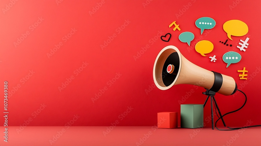 Leinwandbilder vibrant and colorful featuring a single megaphone with floating speech bubbles on a solid red backgr