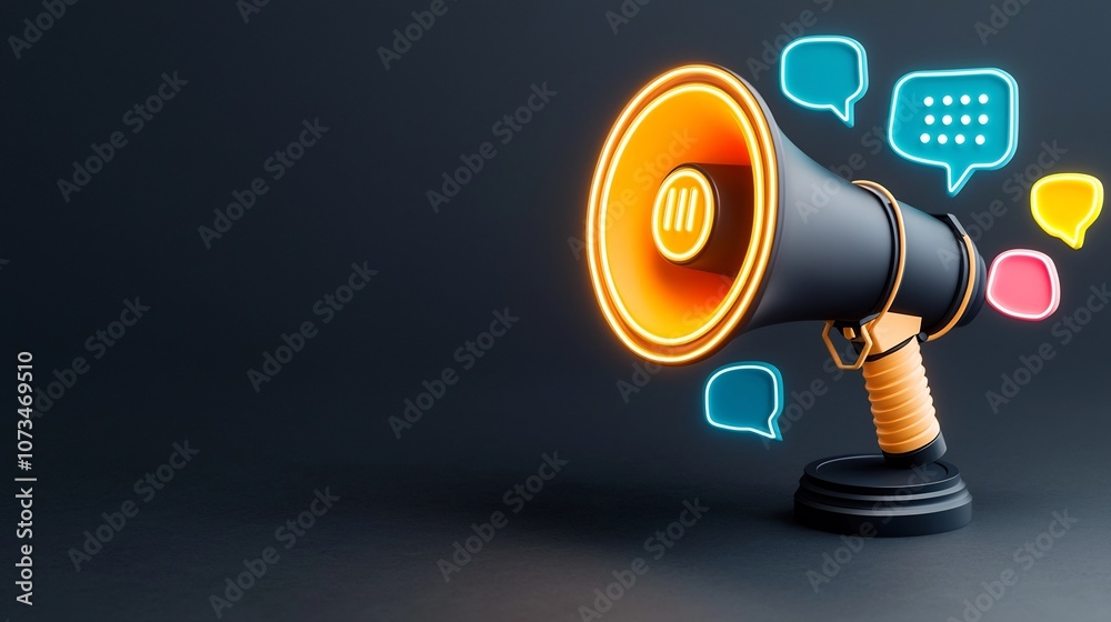 Poster vibrant 3d megaphone with neon colored speech bubbles surrounding it on a dark navy background symbo