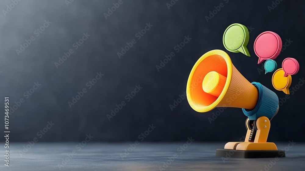 Leinwandbilder a 3d megaphone with neon colored speech bubbles surrounding it on a dark navy background symbolizing