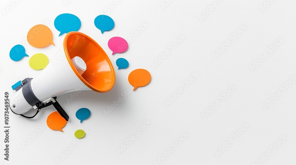Fototapete Radiant megaphone with scattered speech bubbles in vibrant colors on a solid white background symbolizing the power of impactful dialogue communication and message delivery