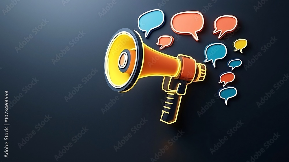 Poster Neon Colored 3D Megaphone with Speech Bubbles Surrounding It on a Dark Navy Background Symbolizing Bold and Effective Messaging for Marketing Branding and Product Launches