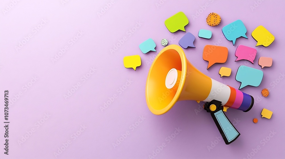 Leinwandbilder powerful communication symbolized by a bright and colorful megaphone with speech bubbles floating ar