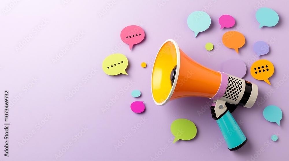Poster powerful communication symbolized by a vibrant and colorful megaphone with floating speech bubbles i