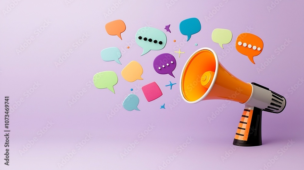 Poster vibrant megaphone with colorful speech bubbles on solid purple background symbolizing the power of c