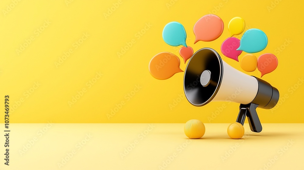 Aufkleber sleek megaphone with glowing speech bubbles in vibrant colors floating on a solid yellow background 