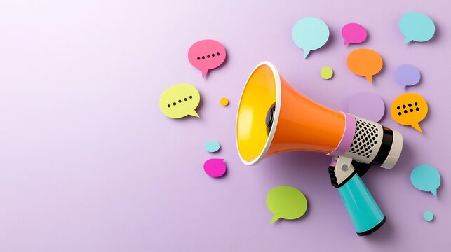 Powerful communication symbolized by a vibrant and colorful megaphone with floating speech bubbles in a striking purple background  The image represents the concept of amplifying messages