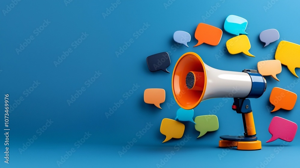Poster impactful megaphone surrounded by vibrant colorful speech bubbles on a deep blue background symboliz