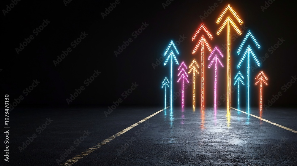 Poster Striking visual of bright vivid beams of light in various colors forming upward pointing arrow shapes against a dynamic energetic abstract black background creating a captivating futuristic