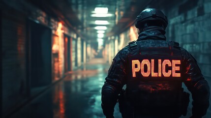 A police officer in tactical gear walks down a dark and gritty hallway, the red "POLICE" patch on his back glowing brightly.