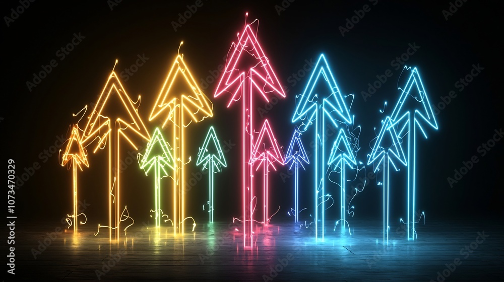 Poster Striking and dynamic composition of sleek colorful light beams forming stylized arrows pointing upwards with a sense of motion and energy against a dark background