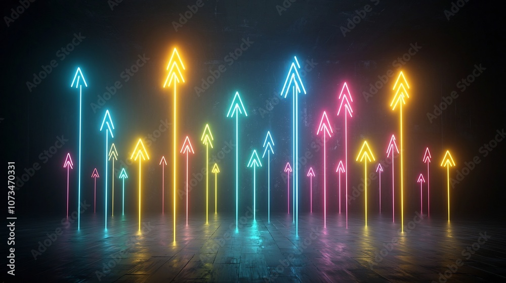 Poster Sleek and dynamic beams of colorful light forming arrow like shapes that appear to be propelled upwards with a sense of energy and motion on a dark atmospheric background  The vibrant