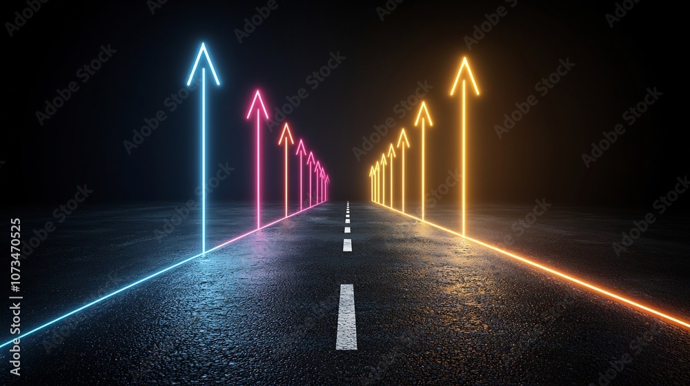 Poster a series of vibrant glowing beams of light shaped as upward pointing arrows radiating brilliantly on