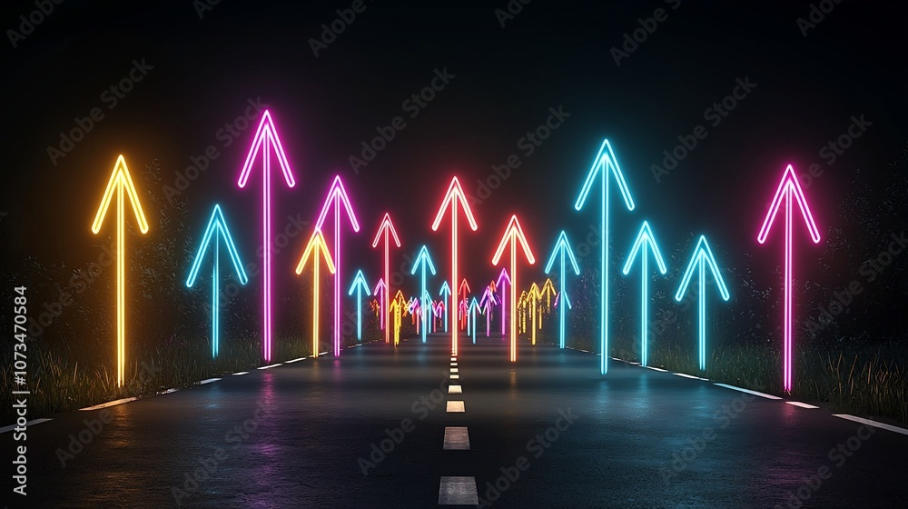 Poster Vibrant neon colored light beams shaped like upward pointing arrows create a dynamic futuristic and visually striking impression on a deep black background  The composition evokes a sense of speed