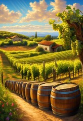 vibrant vineyard landscapes surrounded majestic rows grapevines textured wine barrel details under sunny skies, estate, winery, agronomy, plantation, field