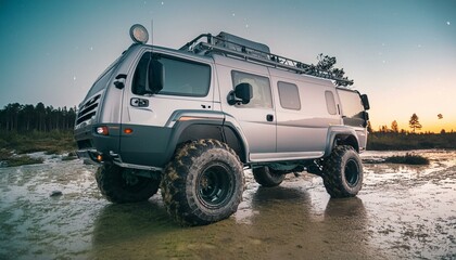 Futuristic offroad camper van in mud