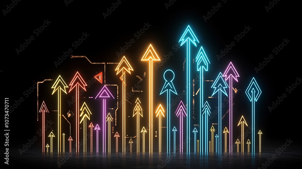 Poster Sleek and dynamic beams of vibrant light forming sharp upward pointing arrows against a dark minimalist backdrop creating a futuristic and energetic visual display
