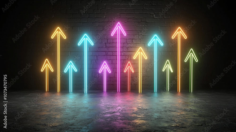 Poster Elegant beams of vibrant multicolored light in the shape of arrows soaring upwards against a deep dark background creating a captivating futuristic and mesmerizing visual display