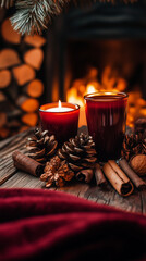 Christmas Still Life with Candles and Winter Decor in Warm Fireside Palette &ndash; Mulled Wine Red, Chestnut Brown, and Ember Orange