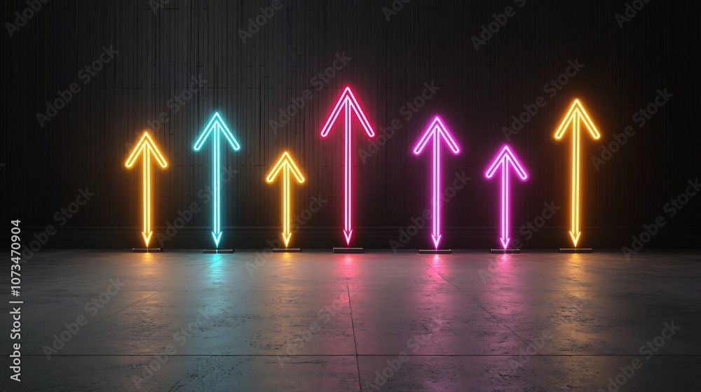 Poster Striking abstract design with neon colored beams of light forming upward pointing arrows against a dark background creating a dynamic and futuristic visual effect