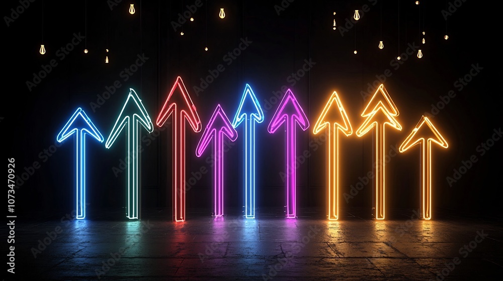 Fototapete Sleek and Energetic Abstract Featuring Beams of Neon Colored Light Forming Dynamic Upward Pointing Arrow Shapes Against a Dark Background