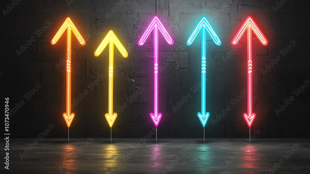 Poster Sleek and energetic composition featuring beams of vibrant neon light forming striking upward pointing arrows against a dark backdrop creating a modern futuristic and visually captivating design