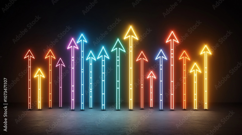 Poster Vibrant colorful beams of light arranged as upward pointing arrows with a dynamic electrifying glow effect on a solid black background creating an abstract futuristic and visually striking image