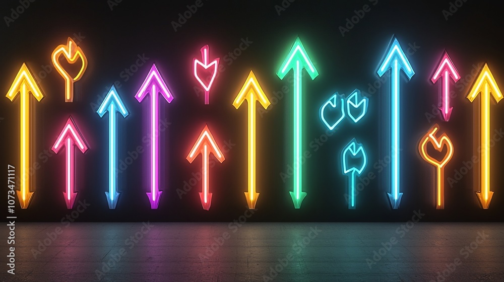 Poster Vibrant dynamic beams of light arranged as sharp upward pointing arrows against a solid black backdrop creating an abstract modern and futuristic visual effect