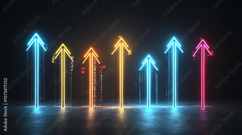 Poster Vibrant arrows formed by glowing light beams pointing up creating a fast and futuristic visual effect against a dark black background  The dynamic electric