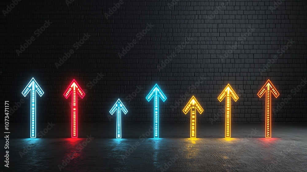 Poster Vibrant and futuristic display of glowing light beams in the shape of dynamic arrows pointing upward creating a sense of motion energy and forward progression on a black background