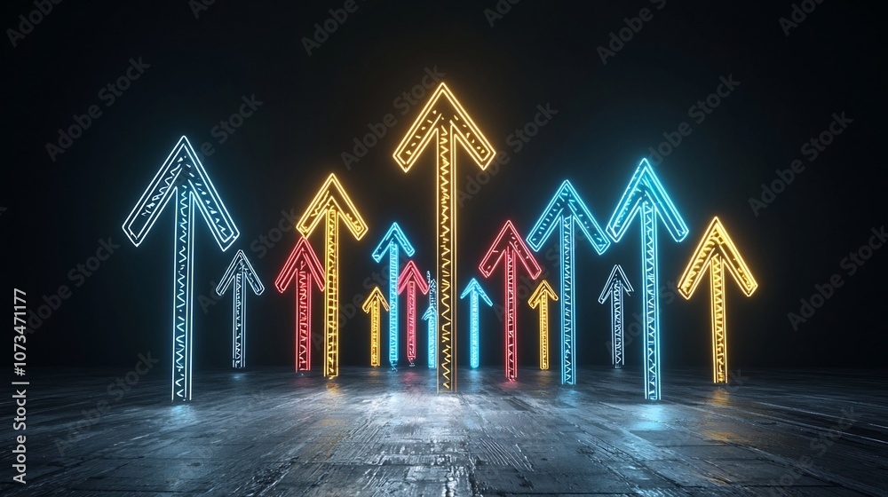 Poster Vibrant and dynamic of glowing light beams forming upward pointing arrows on a dark futuristic background creating a sense of momentum progress and technological innovation