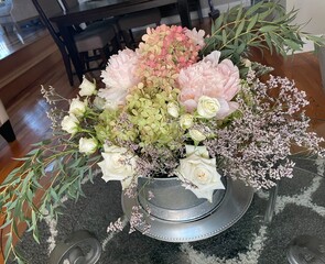 bouquet of pink peony flowers from above