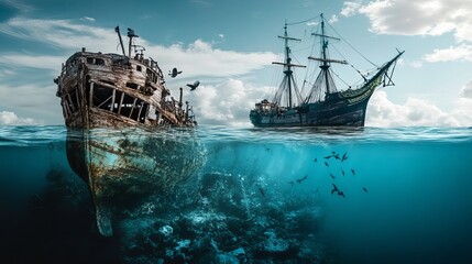 Obraz premium A ship was divided into two halves, half above the water and half submerged in the ocean,