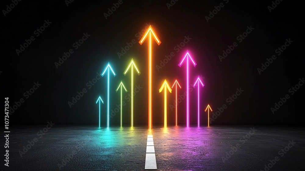 Poster Radiant beams of vibrant colorful light shaped as dynamic arrows aiming upward with a sleek and powerful look against a dark black background creating an abstract geometric and energetic visual